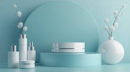 Poster - 3D rendering of a minimalist product display for cream cosmetics with a modern blue pastel podium backdrop