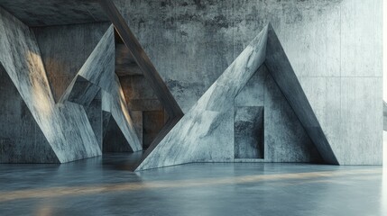Aufkleber - 3D rendering of an architectural interior featuring a concrete wall and geometric shapes