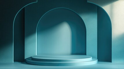Poster - 3D rendering of an abstract blue background featuring a blank podium for product display