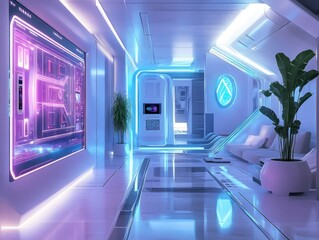 Poster - Futuristic Interior Design with Neon Lighting and a Large Digital Display