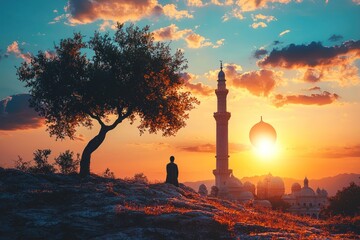 Poster - Silhouette of a Person Standing Against a Sunset with a Mosque in the Background