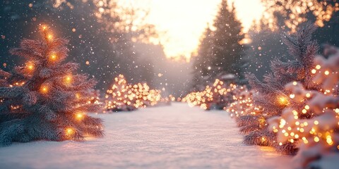 Poster - Snow-Covered Trees with Twinkling Lights in a Winter Forest