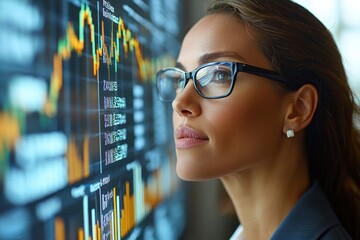 Leinwandbilder - Woman in Glasses Looking at Financial Data on Screen