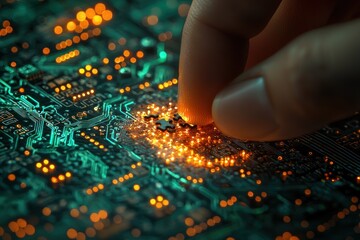 Aufkleber - A Finger Placing a Puzzle Piece on a Circuit Board with Glowing Lights
