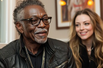 Poster - Portrait of a smiling man in a leather jacket with a woman in the background