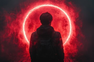Poster - A Man Stands Before a Glowing Red Circle in Smoke