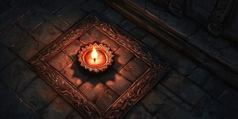 Aufkleber - A Lit Diya in a Decorative Frame on a Stone Floor