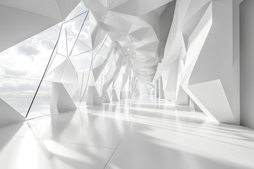 Poster - White Geometric Corridor with Ocean View