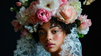 Wall Mural - A portrait of a woman adorned with flowers and butterflies.