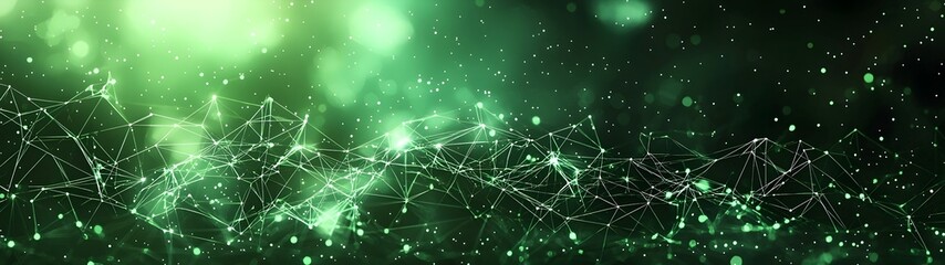 Poster - A captivating abstract green background featuring luminous particles and interconnected lines, creating a sense of depth and movement. Ideal for technology or nature themes.