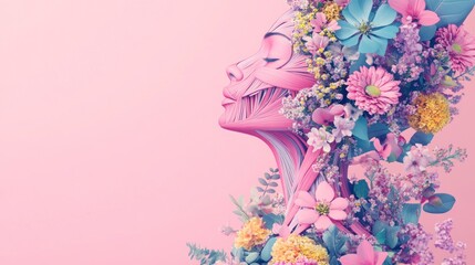 Wall Mural - A stylized face intertwined with vibrant flowers and colors.