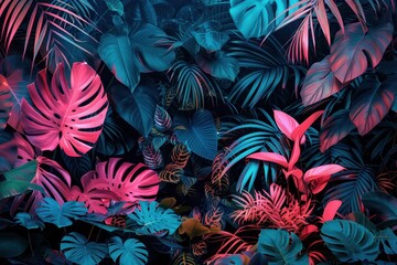 Poster - Lush Tropical Foliage with Vivid Blue and Pink Hues