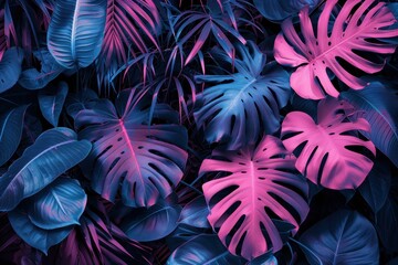 Poster - A Lush Arrangement of Tropical Leaves in Vibrant Blue and Pink Hues