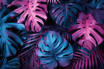Poster - A vibrant arrangement of pink and blue tropical leaves