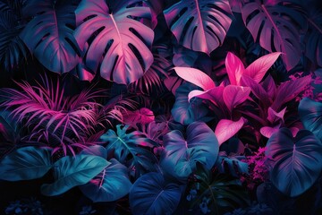 Poster - Lush Tropical Foliage Illuminated with Neon Pink and Blue Hues