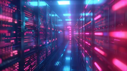 Fototapete - Neon-lit Server Room with Rows of Racks and Glowing Lights