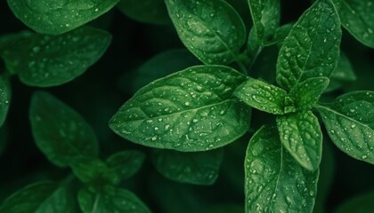 Aufkleber - Close-up of Lush Green Leaves with Dewdrops