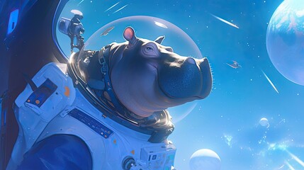 A Hippopotamus Astronaut in a Spacesuit Gazing at the Stars