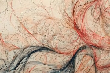 Poster - An abstract swirl of flowing lines in shades of red, black, and soft beige, creating a dynamic and expressive visual. The intricate patterns evoke a sense of movement and emotion.