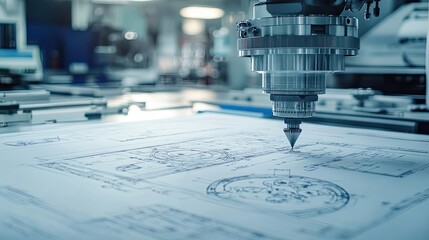Poster - Close-up of a CNC machine's drill bit tracing a blueprint