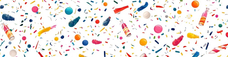 Poster - Assortment of colorful confetti poppers and streamers for New Year celebrations, displayed in a visually pleasing pattern on a clean white background. Vector art, no shadows, 4k resolution, white
