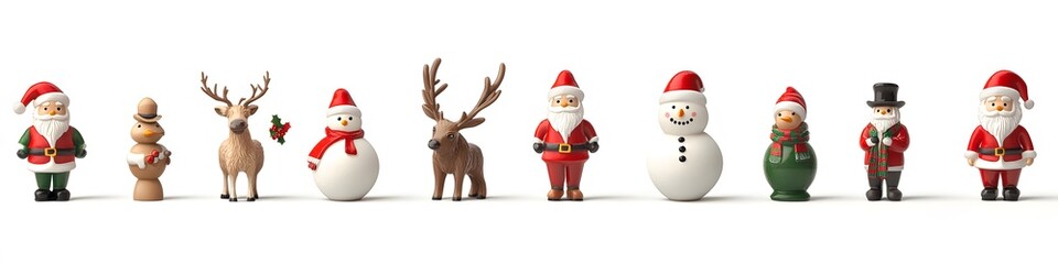 Poster - Assortment of small Christmas figurines including reindeer, snowmen, and Santas, positioned side by side on a seamless white background. Vector art, no shadows, 4k resolution, white background
