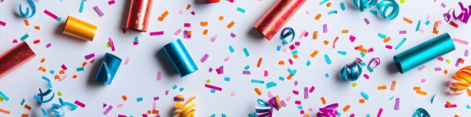 Poster - Assortment of colorful confetti poppers and streamers for New Year celebrations, displayed in a visually pleasing pattern on a clean white background. Vector art, no shadows, 4k resolution, white