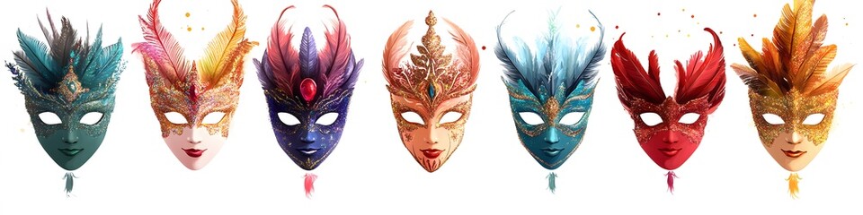 Poster - Row of New Year party masks in bright, bold colors with feather and glitter details, each mask arranged neatly on a clean white background. Vector art, no shadows, 4k resolution, white background