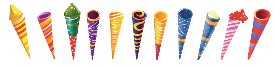 Aufkleber - Collection of party horns and noisemakers with festive colors and patterns, each carefully arranged on a clean white background. Vector art, no shadows, 4k resolution, white background