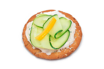 Wall Mural - Crispy Cracker Sandwich with Fresh Cucumber, Yellow Paprika and Cottage Cheese - Isolated on White. Easy Breakfast. Quick and Healthy Sandwiches. Crispbread with Tasty Filling. Healthy Dietary Snack