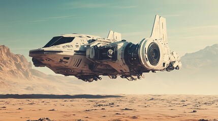 Wall Mural - futuristic spaceship flying over a desert landscape