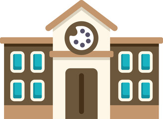 Poster - simple flat illustration of a university building exterior with a clock tower, representing higher e