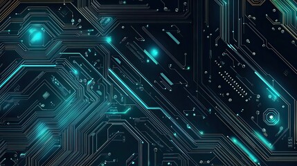 Poster - Abstract Glowing Circuit Board Pattern with Turquoise Lines