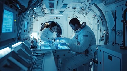 Wall Mural - two astronauts working on a control panel inside a spacecraft