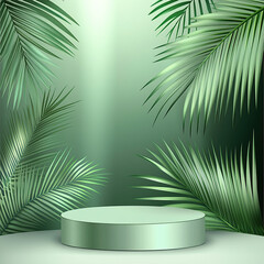 Wall Mural - abstract background with a green podium and palm leaf for product presentation, cosmetic mock-up