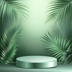 Wall Mural - abstract background with a green podium and palm leaf for product presentation, cosmetic mock-up