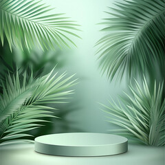 Wall Mural - abstract background with a green podium and palm leaf for product presentation, cosmetic mock-up