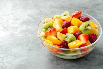 Sticker - Fresh fruit salad muesli and Greek yogurt on a gray backdrop with space for text