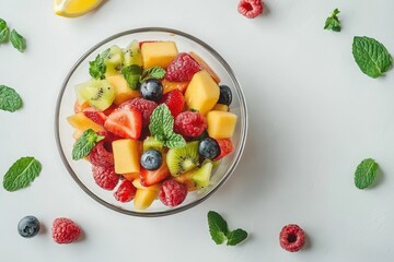 Wall Mural - Fresh mixed fruit salad in a bowl on a white background