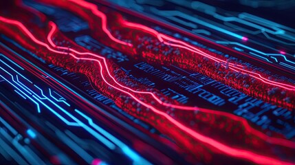 Poster - Abstract neon circuit board design with vibrant red and blue lines.