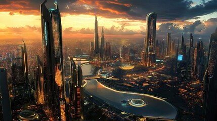 Wall Mural - A futuristic cityscape with skyscrapers and a winding river at sunset