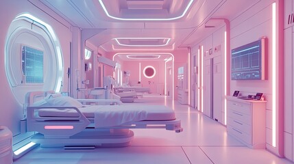 Poster - Futuristic Hospital Room with Pink and Blue Lighting and a Hospital Bed