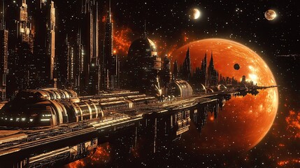 Wall Mural - futuristic cityscape with spaceship and red planet in the background