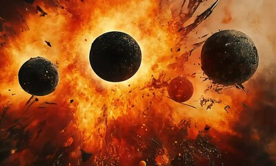 Wall Mural - exploding planets with fiery abstract background with ai generated.