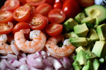 Canvas Print - Shrimp salad with avocado tomatoes onions and seeds