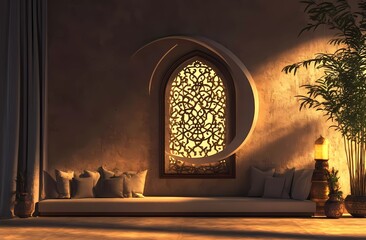 Fototapete - 3D rendering Ramadan Kareem background with crescent and Arabic window decoration on a brown wall background