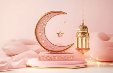 Leinwandbilder - 3D rendering of a Ramadan Islamic product podium with a gift box and Arabic lantern on a pastel background for promotion or advertising banner