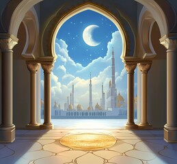 Fototapete - Eid Mubarak and Ramadan Kareem greetings with an Islamic arch window outline, mosque silhouette, and night sky background vector illustration.
