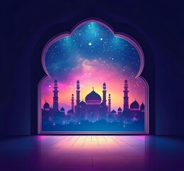 Fototapete - Eid Mubarak and Ramadan Kareem greetings with an Islamic arch window outline, mosque silhouette, and night sky background vector illustration.