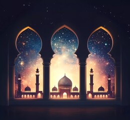 Fototapete - Eid Mubarak and Ramadan Kareem greetings with an Islamic arch window outline, mosque silhouette, and night sky background vector illustration.